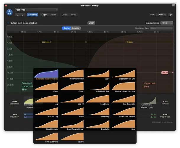 Curve options in Zen Limiter from Mastfrog, LLC.