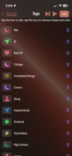 Tag editing in the Mixen app from Mastfrog, LLC